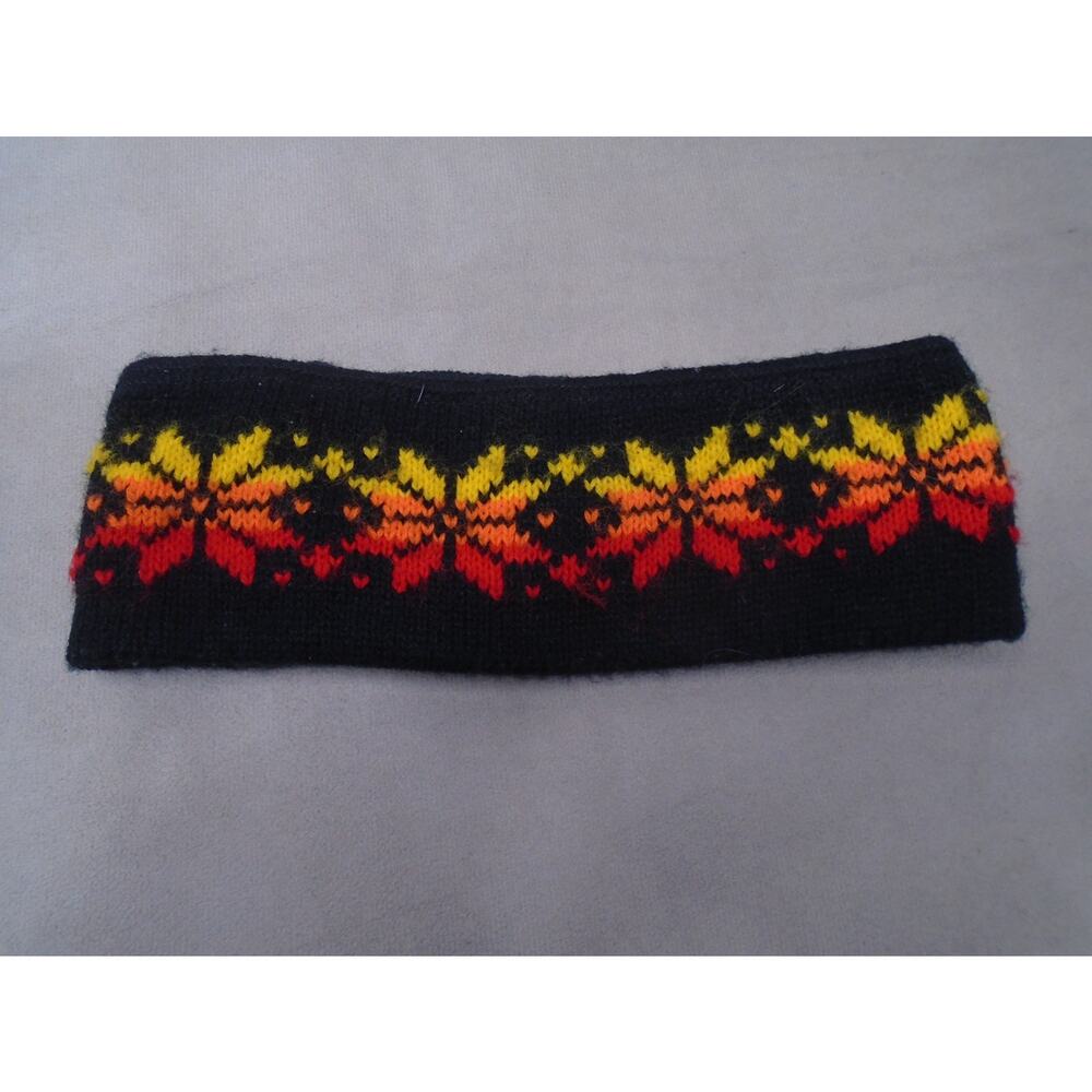 Vintage Black & Red Knit Winter Headband With Nordic Snowflake Pattern One Size